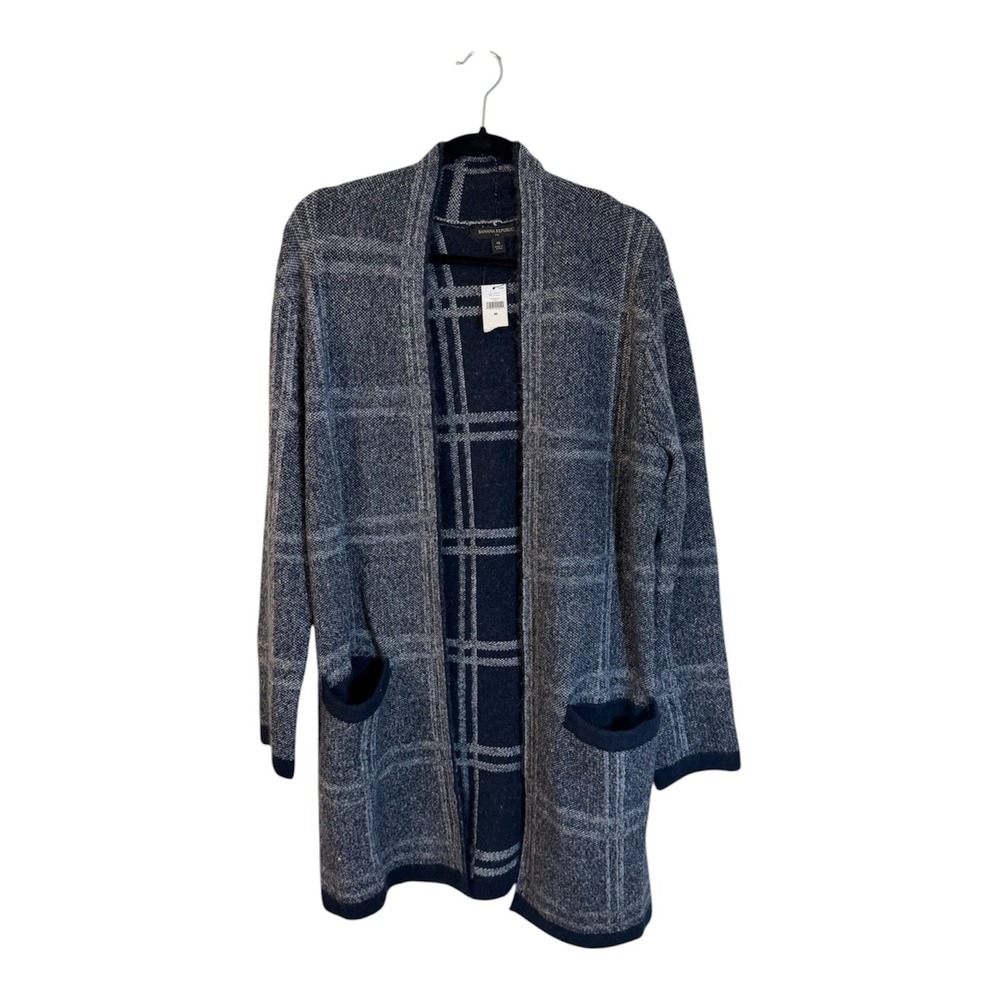 Banana Republic Cardigan Blue M Womens Plaid Open Front Knit NEW